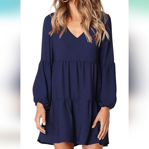 Cosonsen Swing Shift Long Sleeve V Neck Tunic Dress - Picture 1 of 13